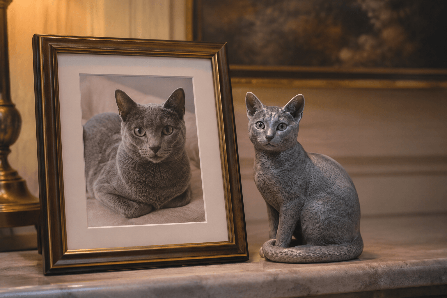A freshly framed Russian Blue photo beside a serene resin Russian Blue figurine on a softly lit mantel