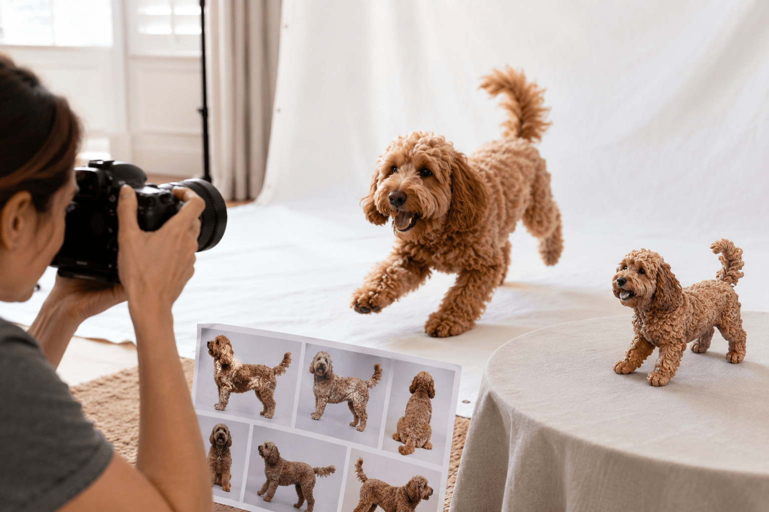 Person photographing a curly-coated Labradoodle next to a completed full-color 3D printed resin figurine showing accurate curl texture