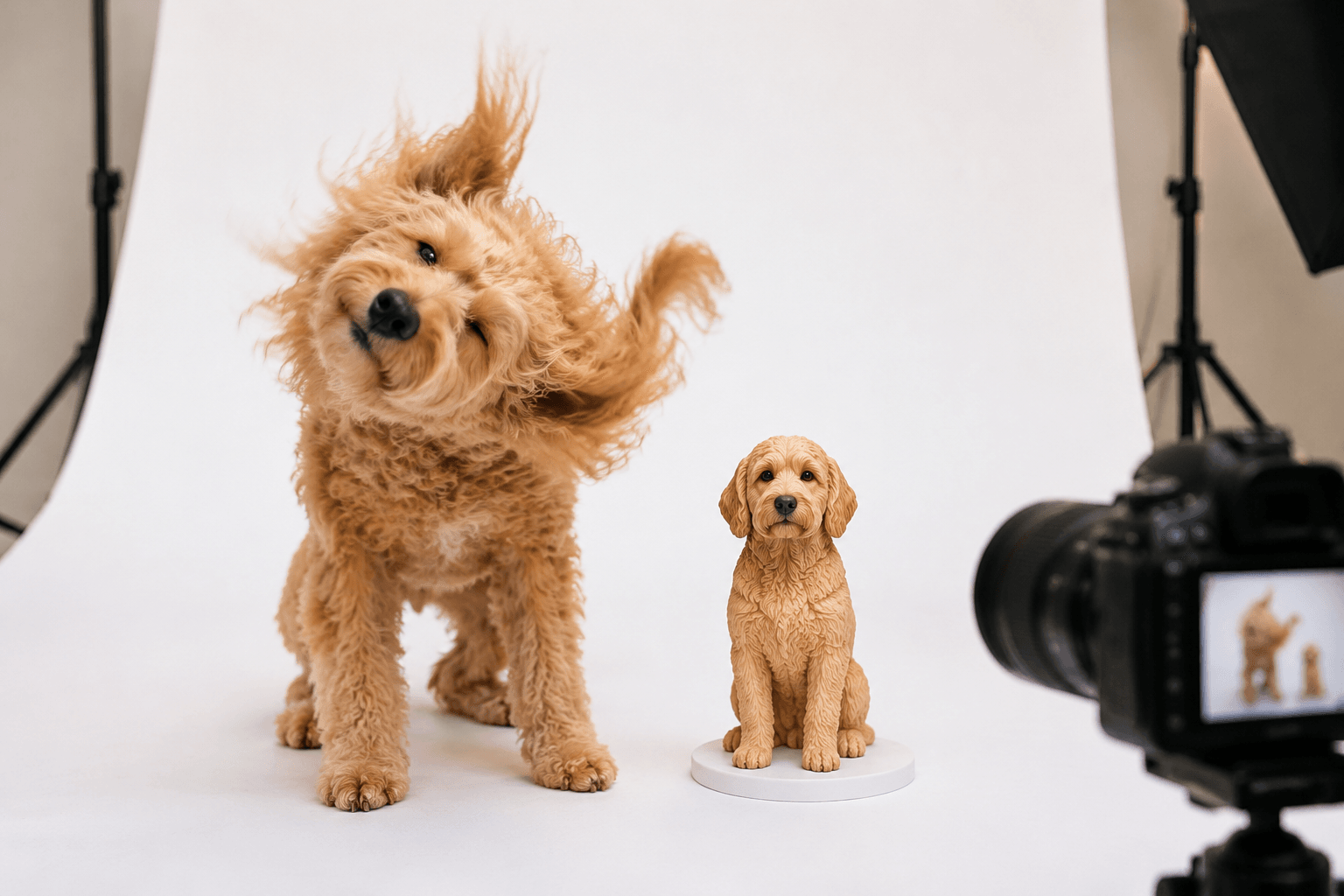 Playful apricot Goldendoodle mid-shake beside its perfectly still full-color 3D printed resin figurine on a white photography backdrop