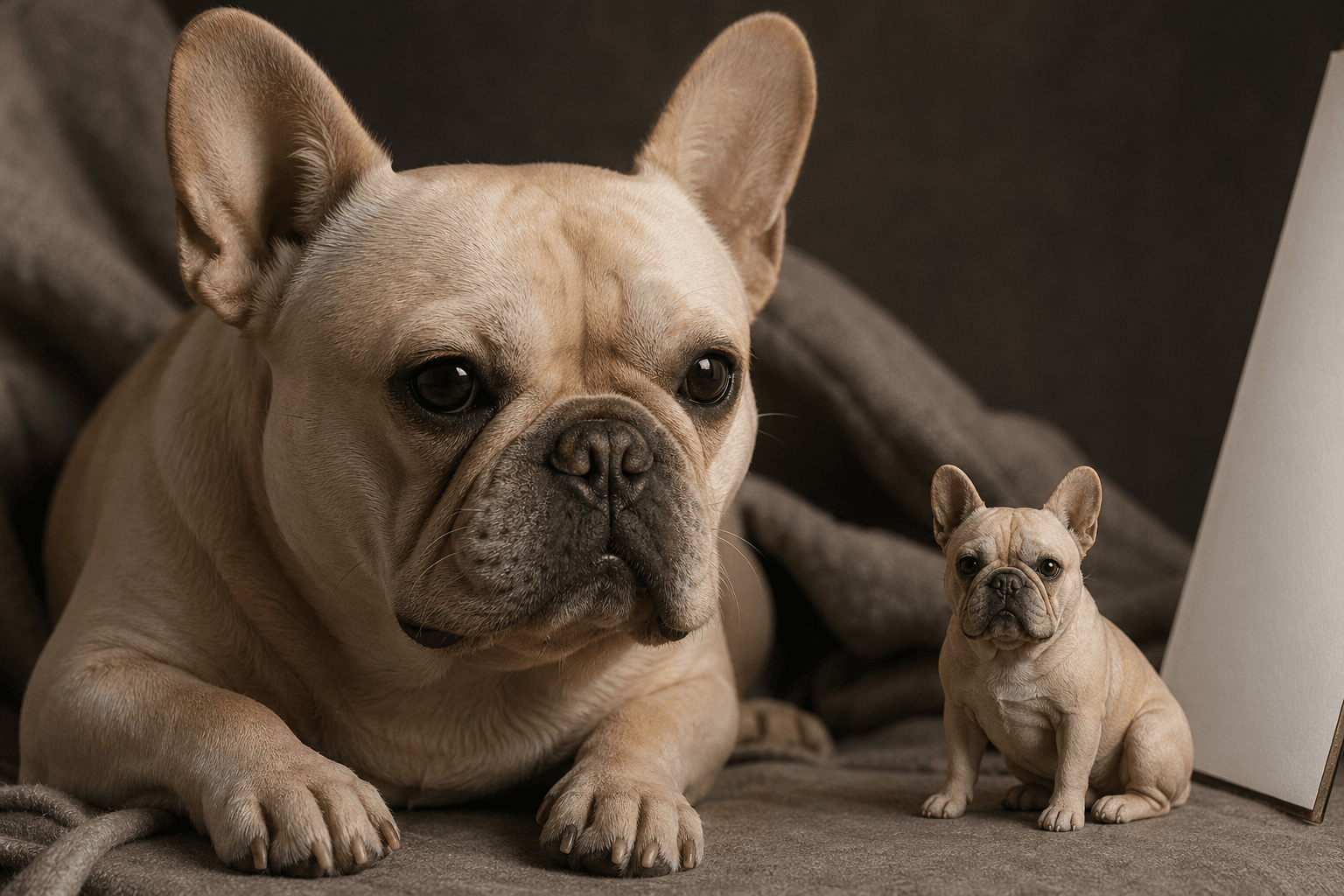 French Bulldog and resin figurine close-up showing wrinkle detail in a studio lighting setup