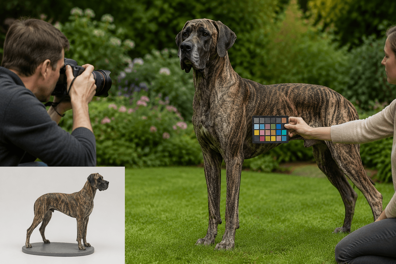 Person photographing a Great Dane outdoors with a color reference card, alongside an inset of the resulting full-color 3D printed resin figurine