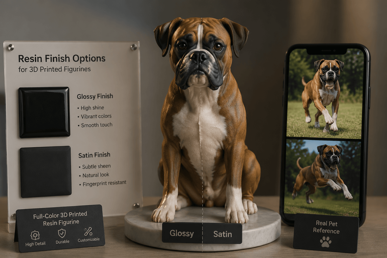 Resin finish swatches beside a Boxer figurine with a phone showing action photos of the real Boxer