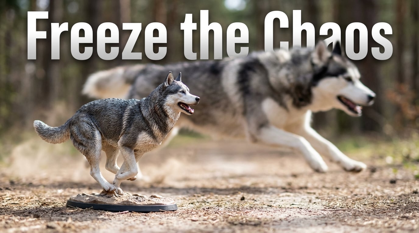 Blurred running Husky behind a sharp 3D printed figurine