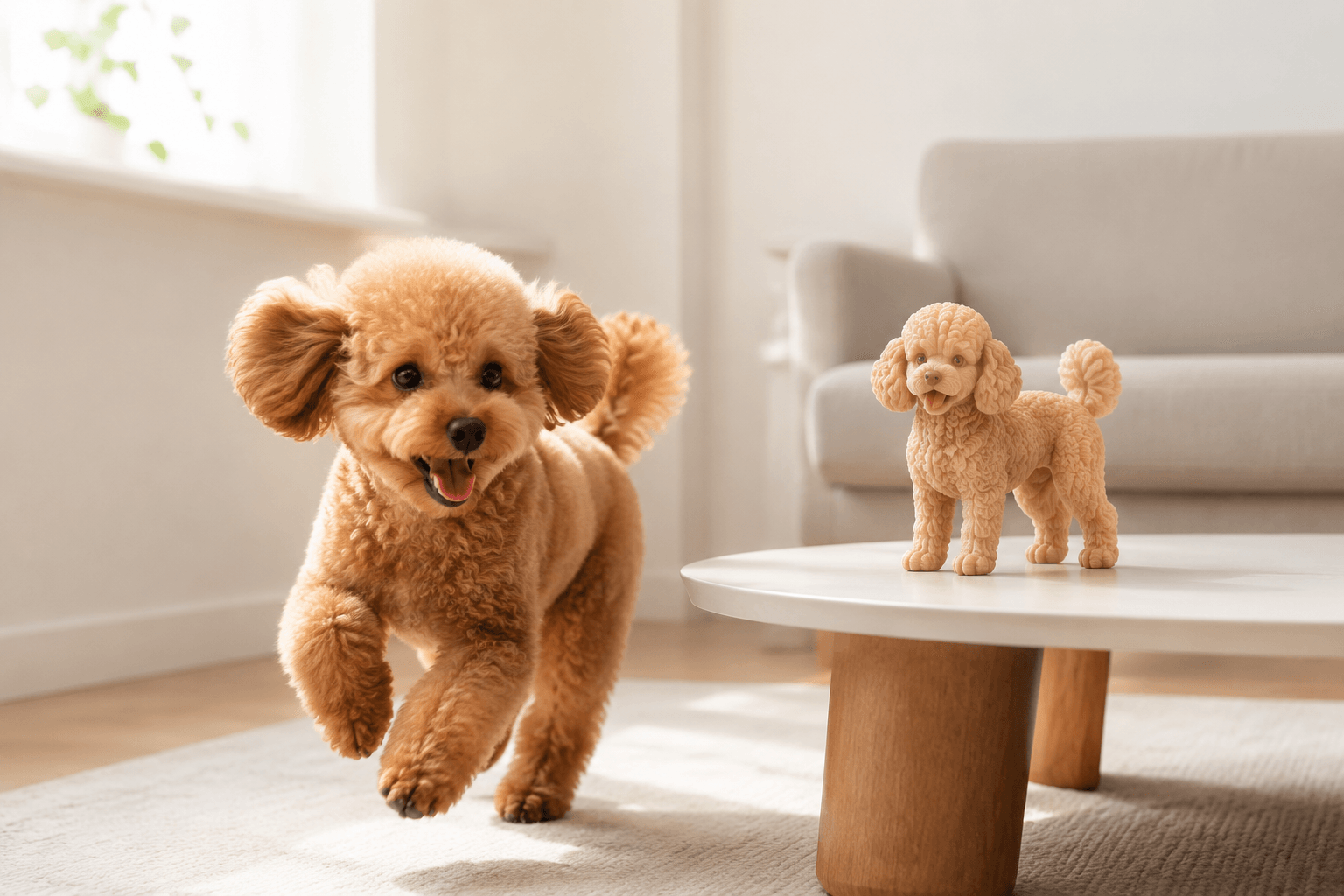 Curly-coated Poodle in motion beside its satin-finish full-color resin figurine in a bright room