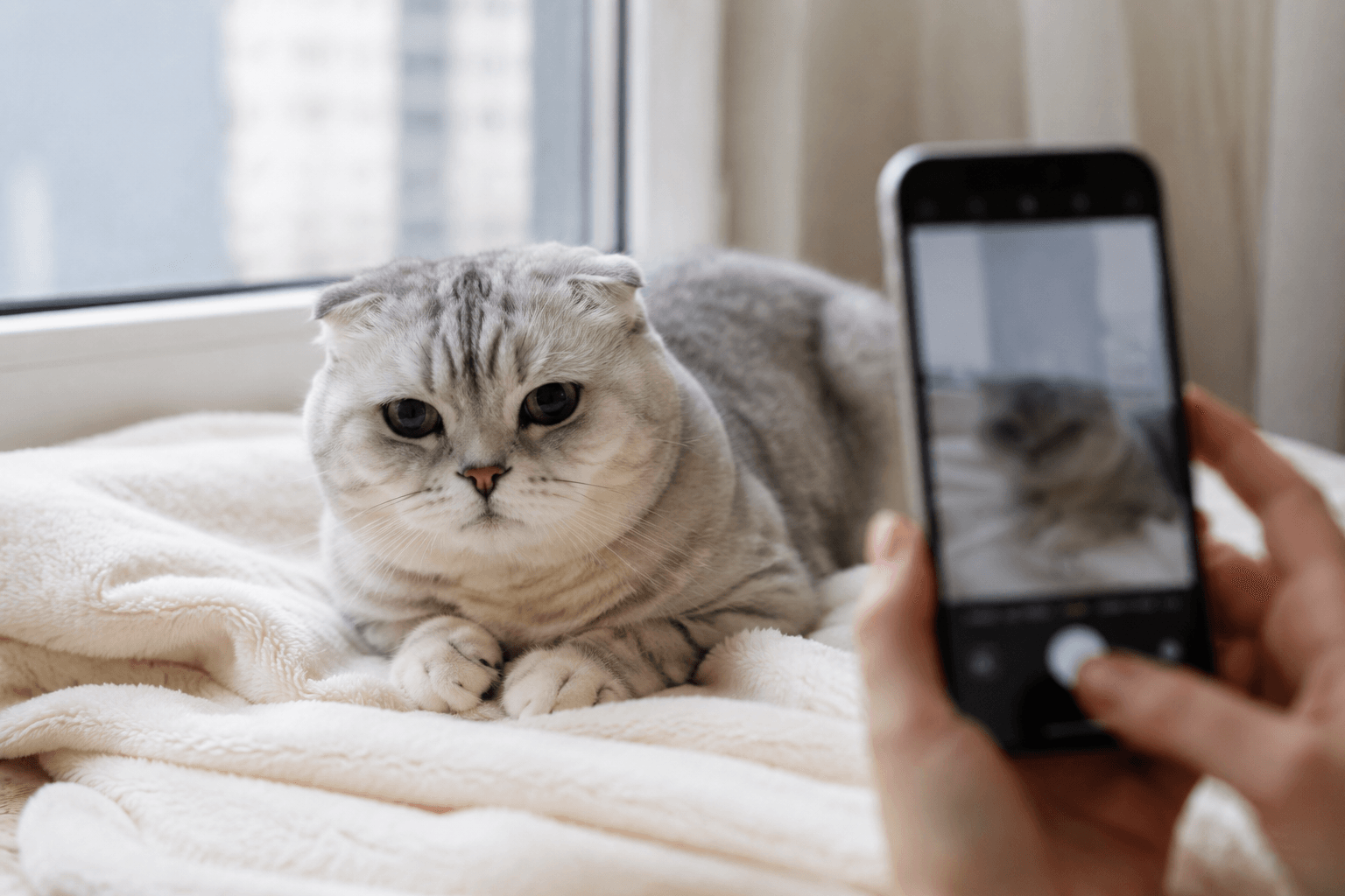 Senior Scottish Fold posed calmly on a soft blanket near a window in natural diffused light