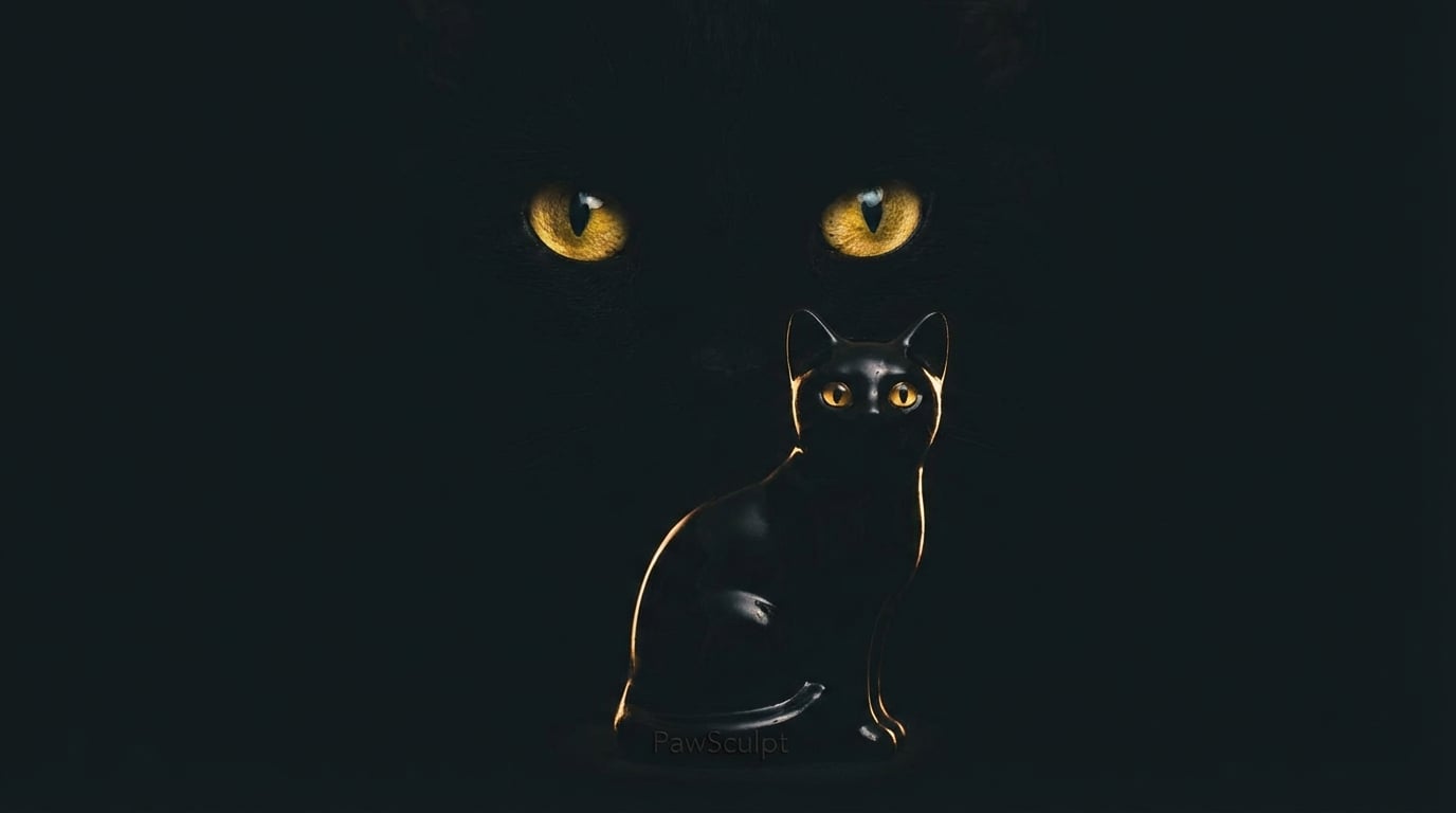 A real black cat in shadow behind a glossy black cat figurine.