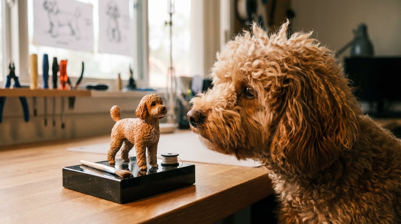A Black Poodle under studio lighting next to a detailed figurine, illustrating photography techniques.