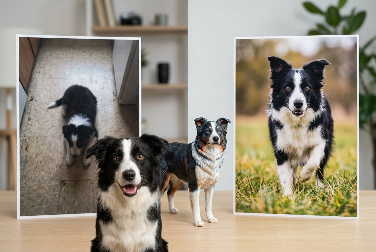 Comparison of top-down vs eye-level Border Collie photos with a full-color 3D printed figurine and real Border Collie