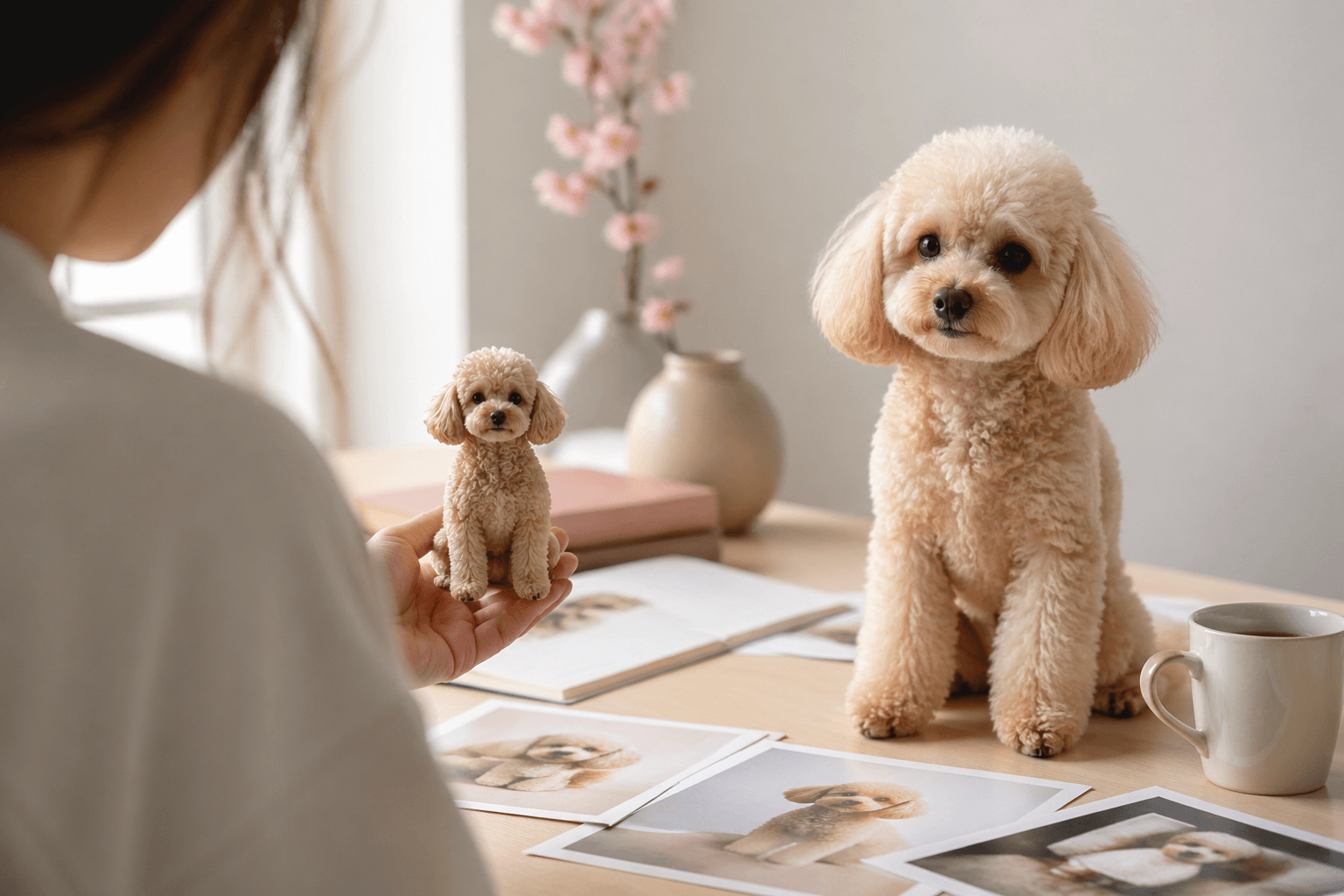 Poodle with a resin figurine beside selected reference photos in a bright guide scene