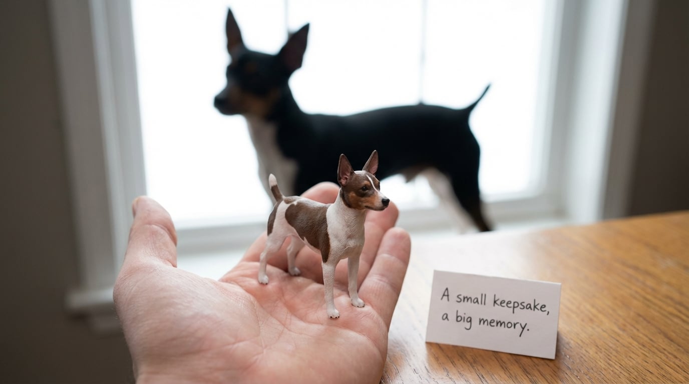Hand holding a miniature Rat Terrier figurine