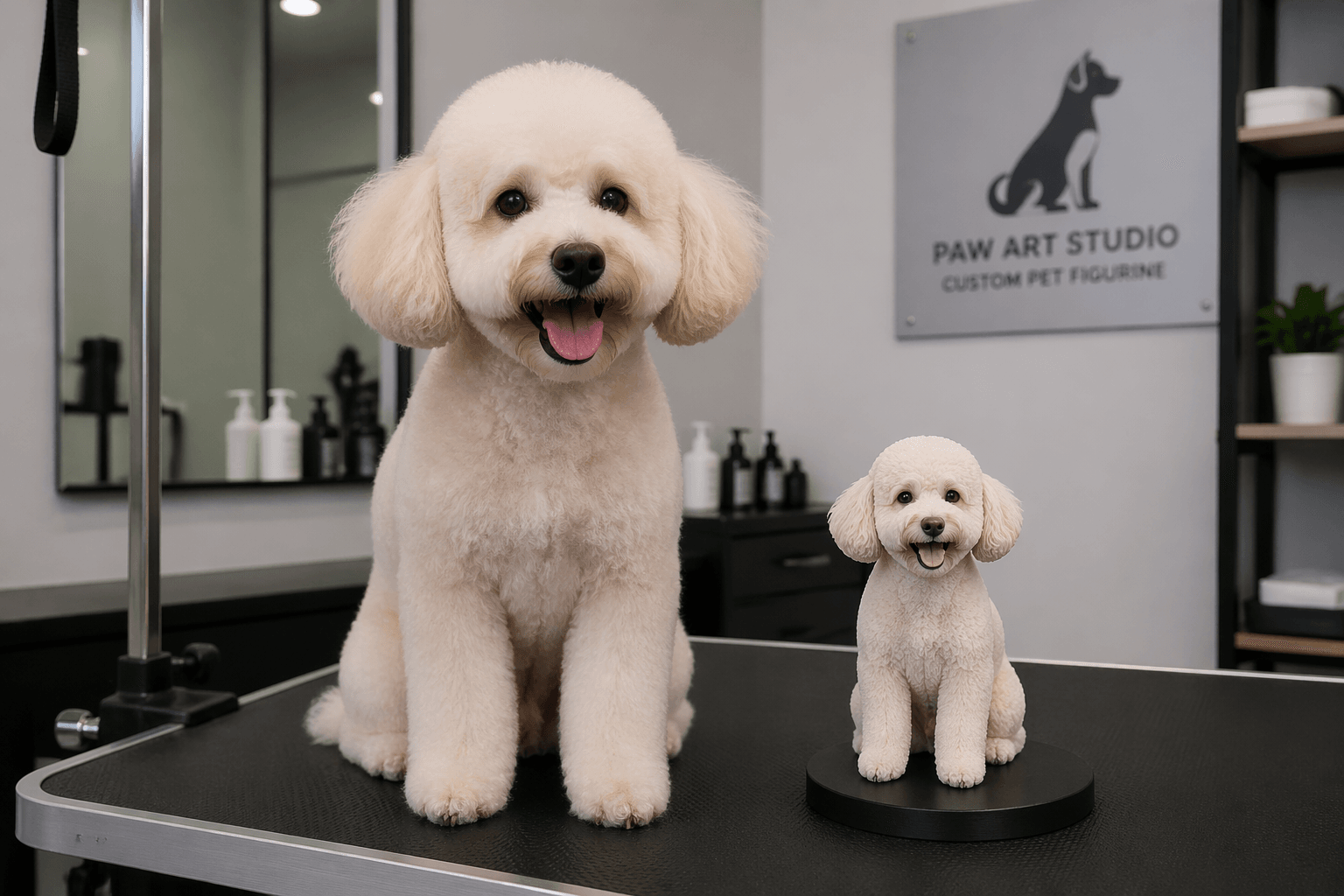 Freshly groomed Poodle with figurine in professional grooming setting