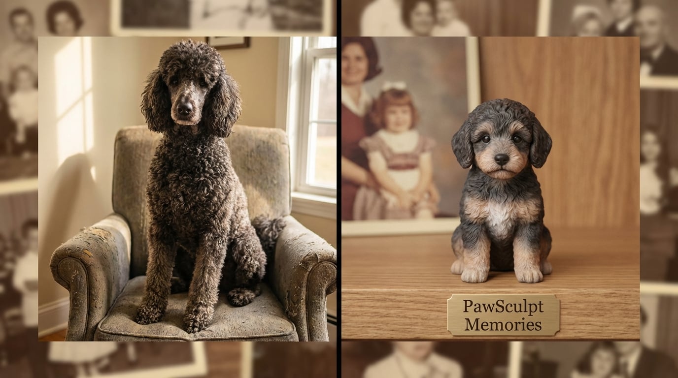Adult poodle next to a figurine of its puppy self