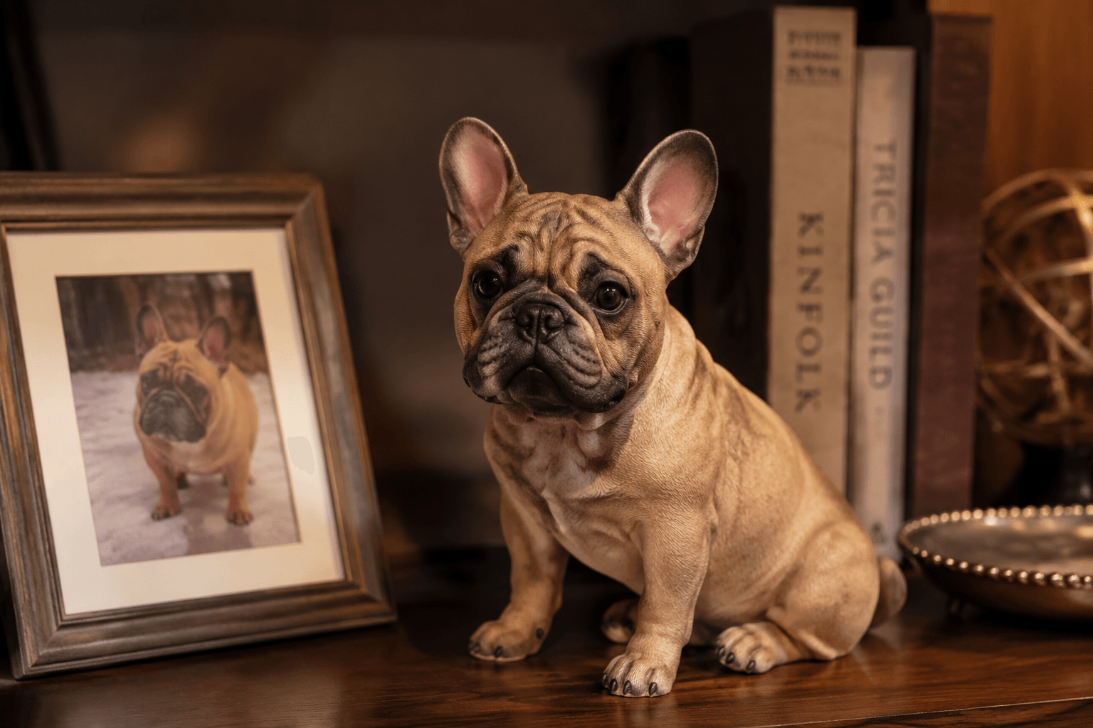 Full-color resin French Bulldog figurine posed on a shelf with light highlighting its wrinkled squishy face