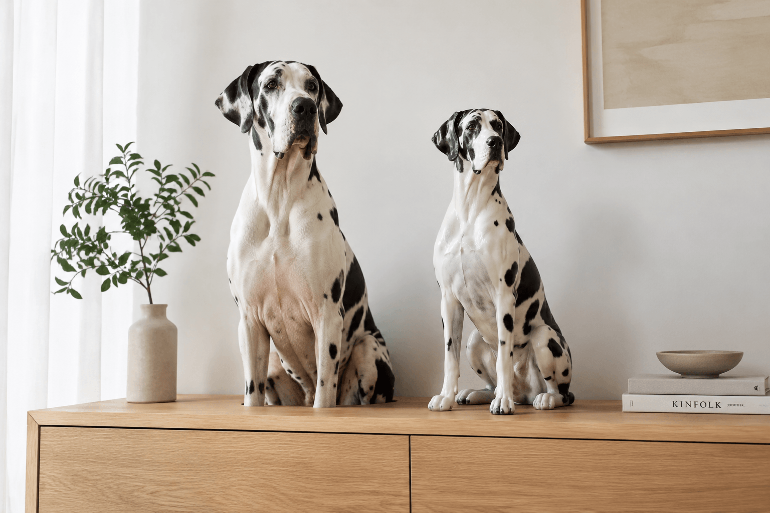 Great Dane beside its full-color resin figurine on a minimalist oak console in soft daylight