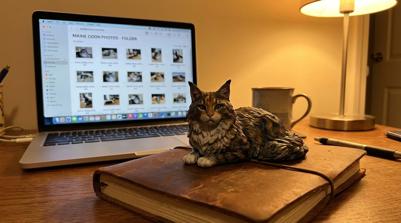 Maine Coon figurine on a journal with laptop in background
