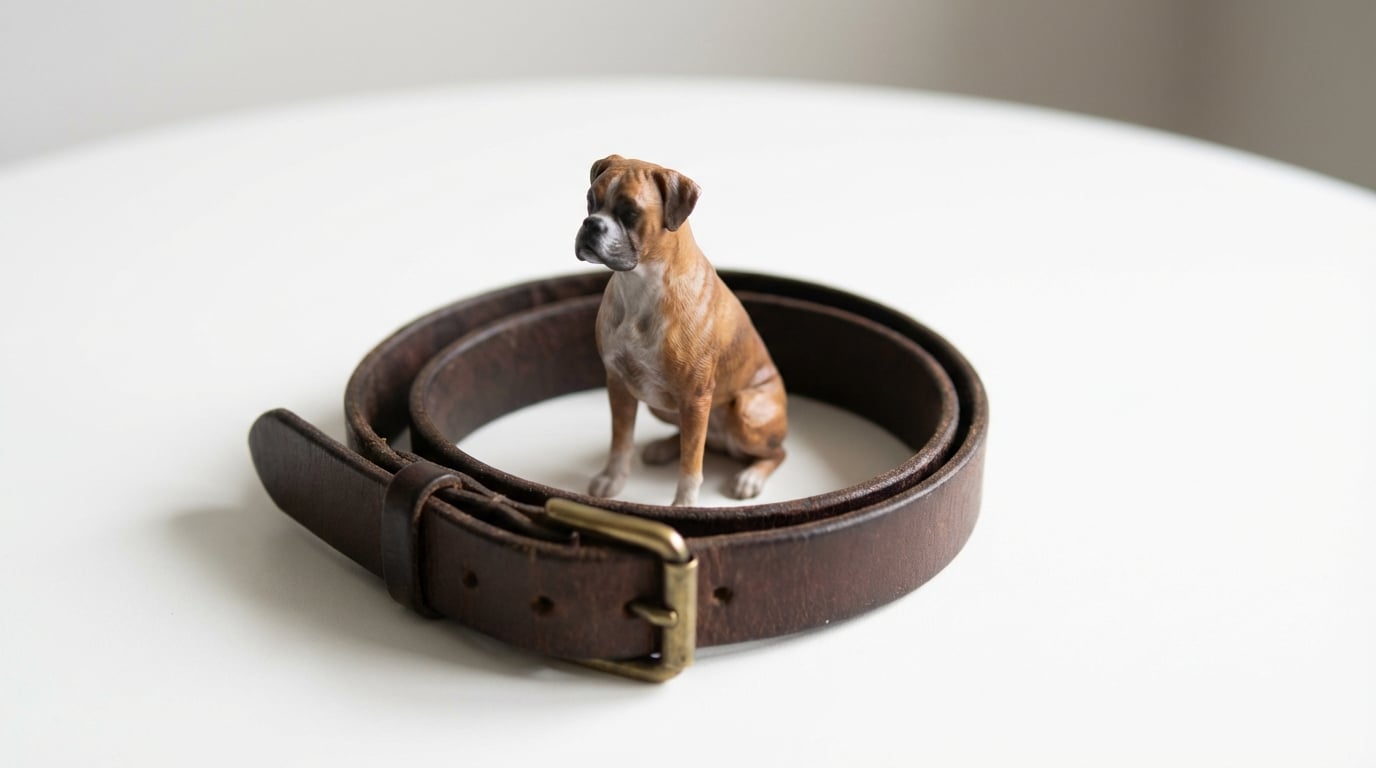 A Boxer figurine sitting inside a coiled leather dog collar.