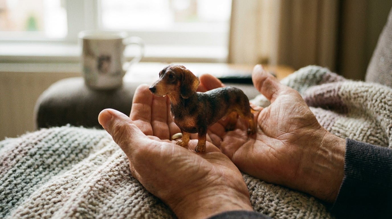 Hands cradling a small Dachshund figurine