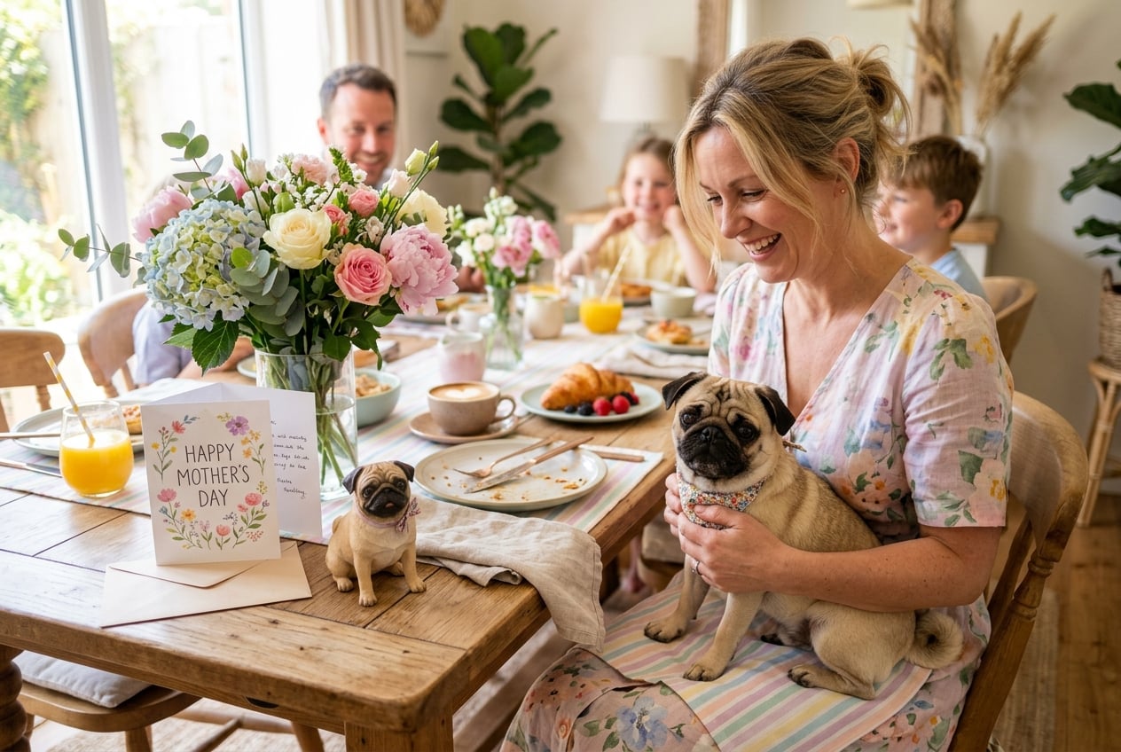 Full-color 3D printed resin figurine of a Pug on a Mother's Day brunch table with flowers and a real Pug in someone's lap