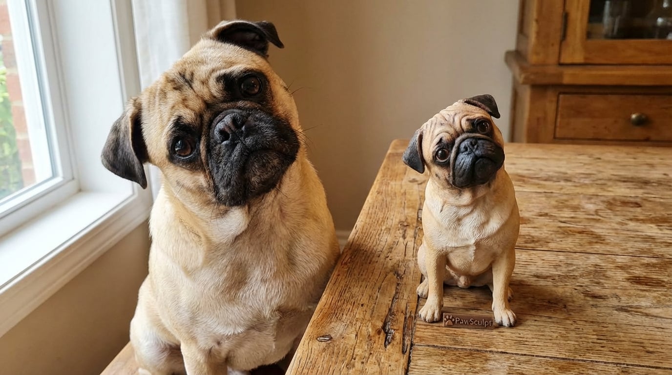 Pug head tilt photo matching a figurine