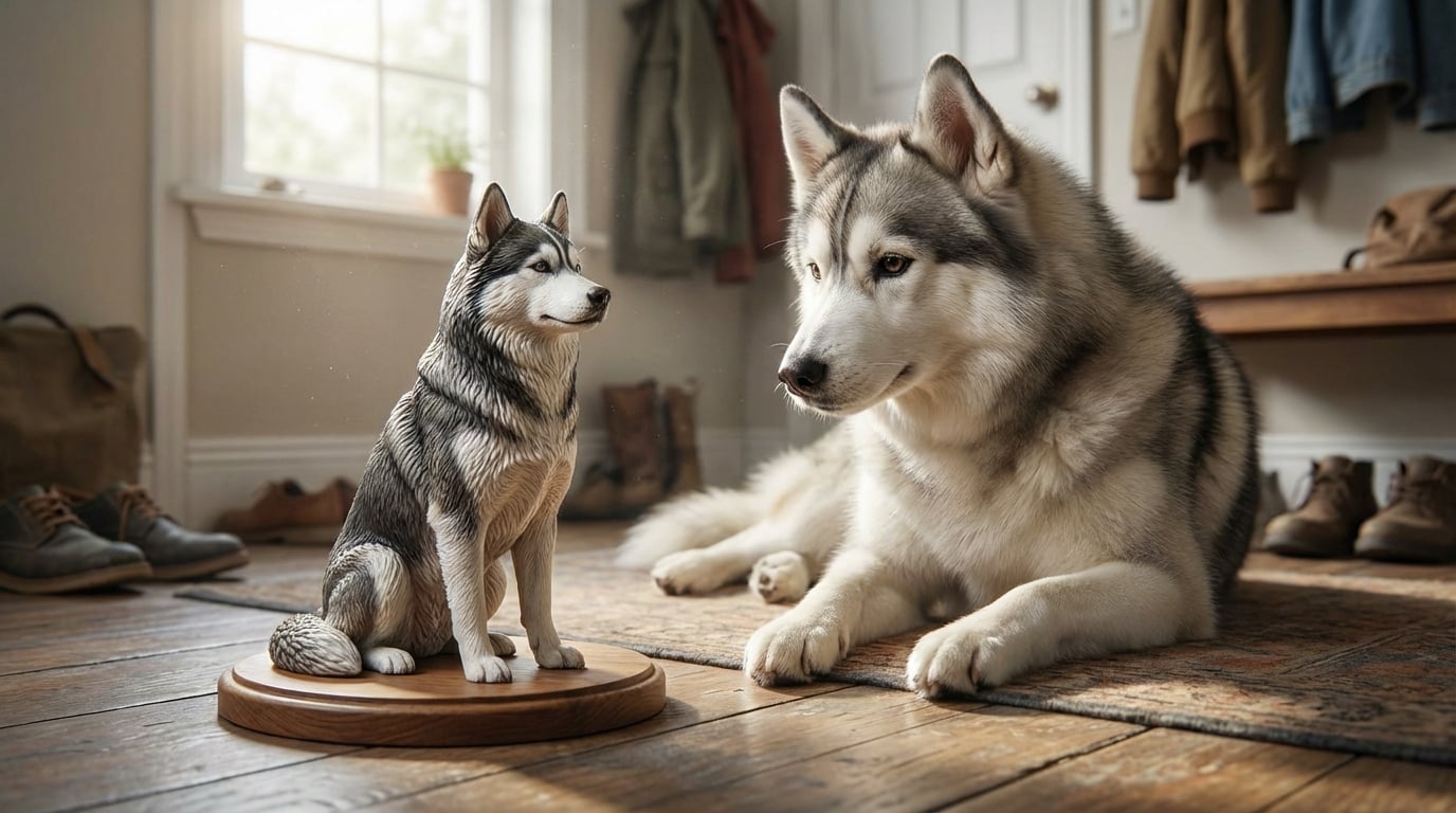 A Husky sitting in a quiet hallway with a small statue of itself placed on an entry table.