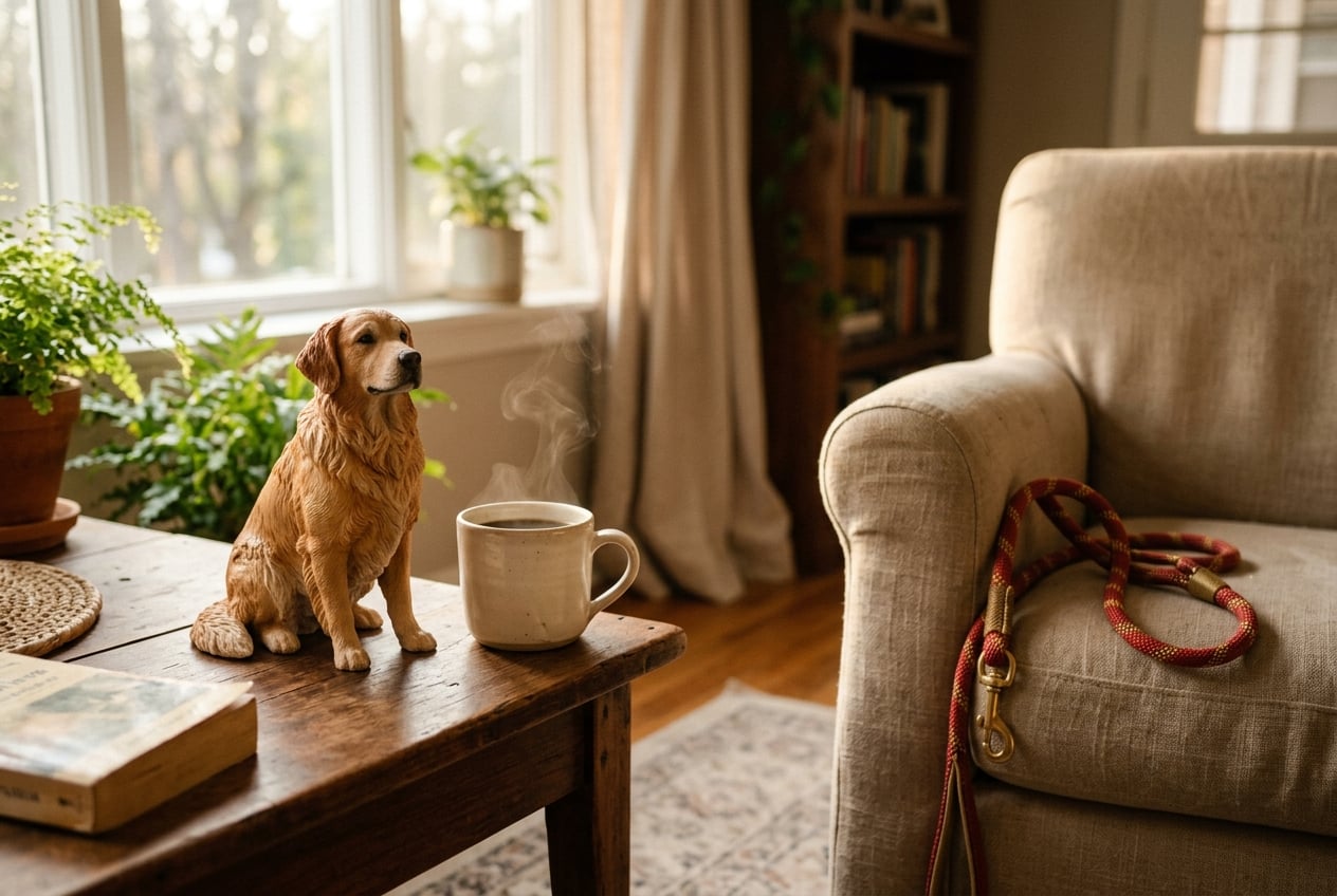 Full-color 3D printed resin figurine of a Golden Retriever on a side table in a sunlit living room next to an empty armchair with a leash