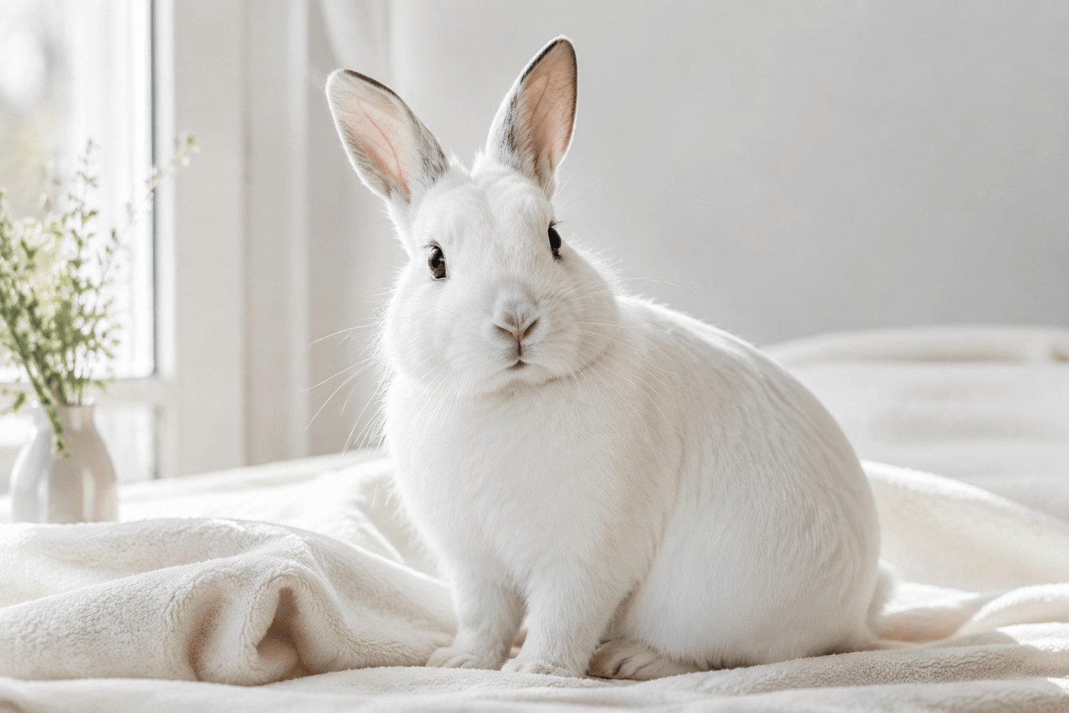 Rabbit posed on a soft neutral blanket near a window in natural diffused light