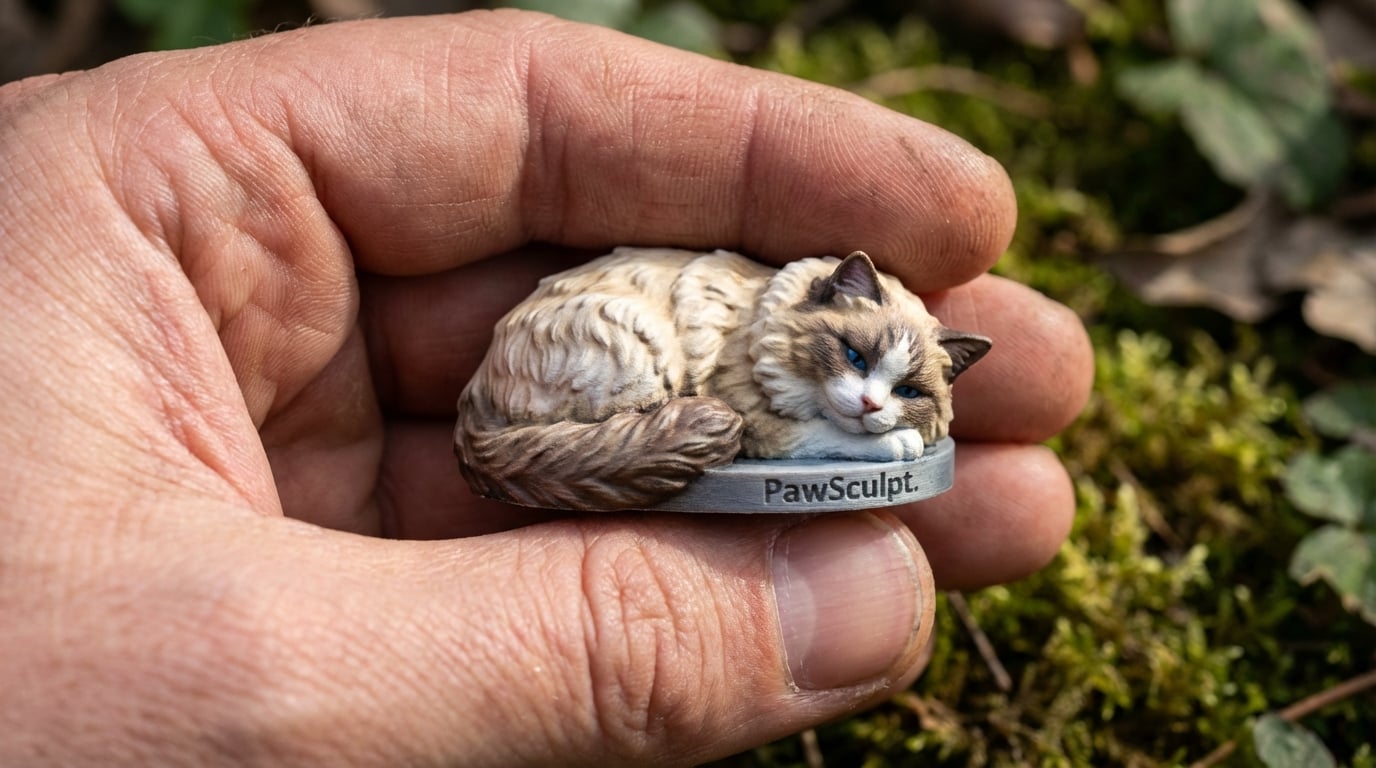 Hand holding a small Ragdoll cat figurine