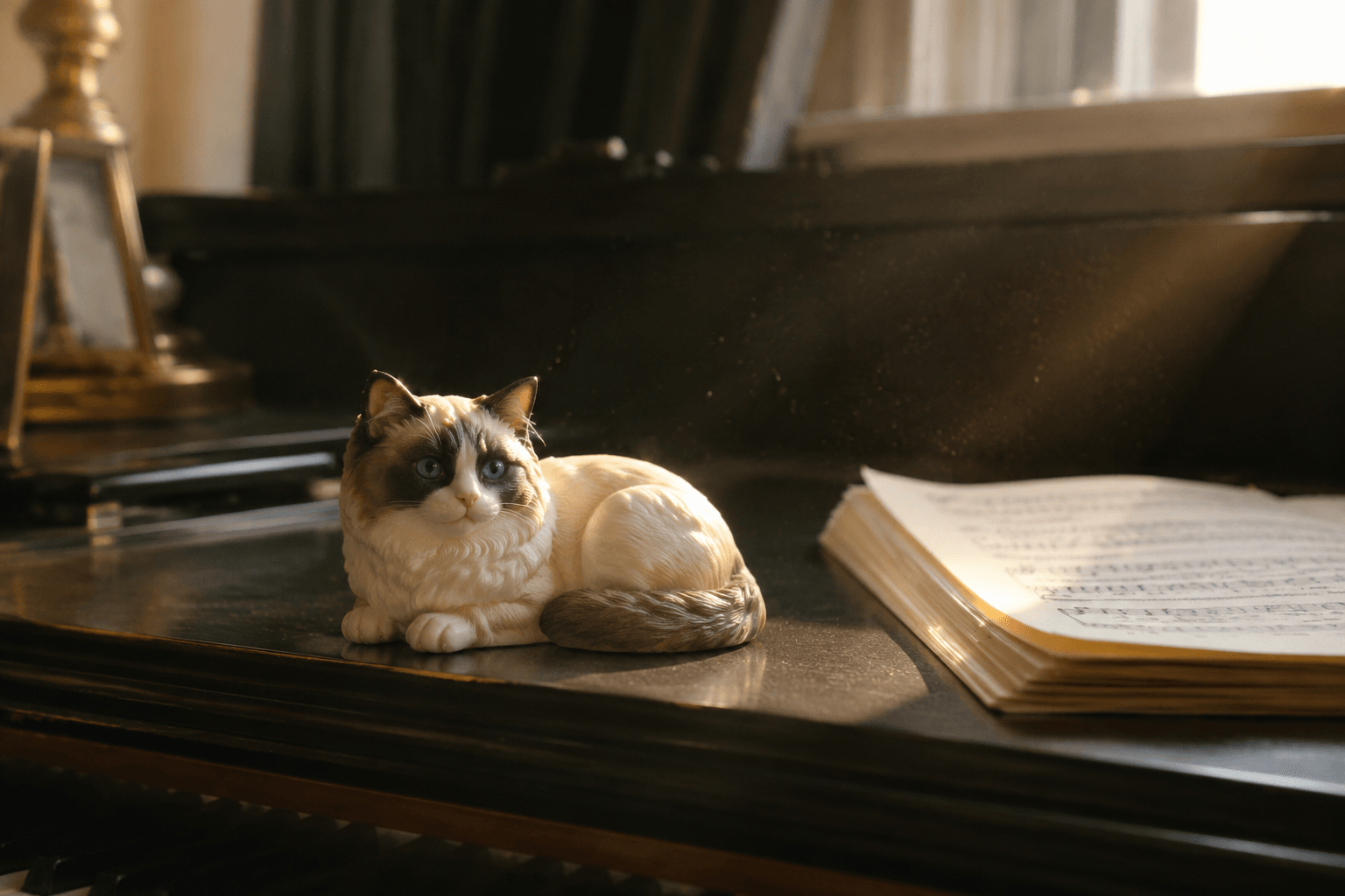 Ragdoll cat figurine lying relaxed with blue eyes