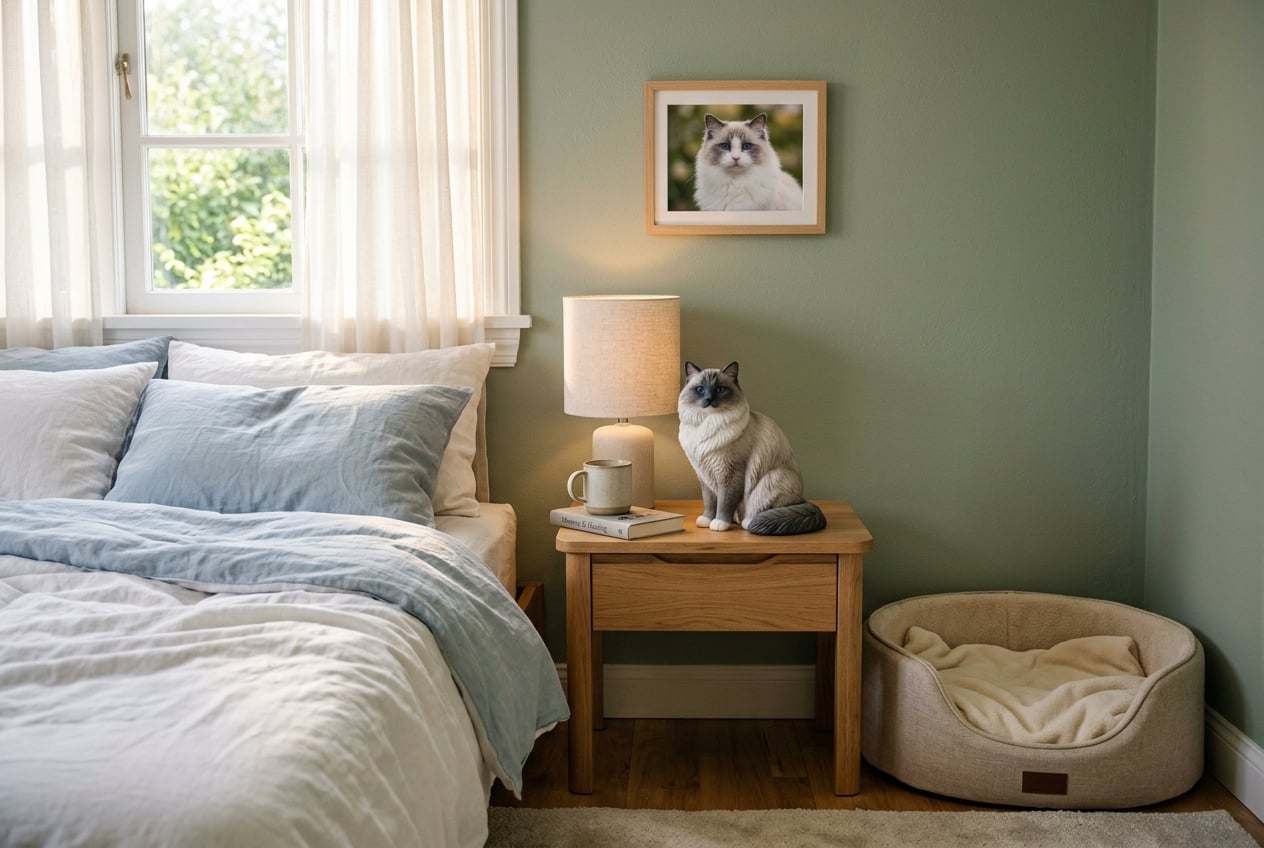 Ragdoll figurine on nightstand beside empty cat bed in morning light