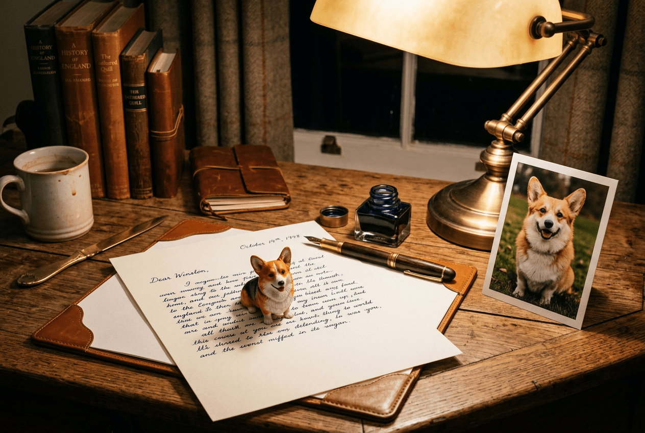 Corgi 3D figurine on writing desk with handwritten letter and photo of real smiling Corgi