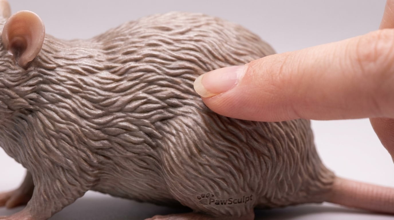 Finger touching the texture of a rat figurine