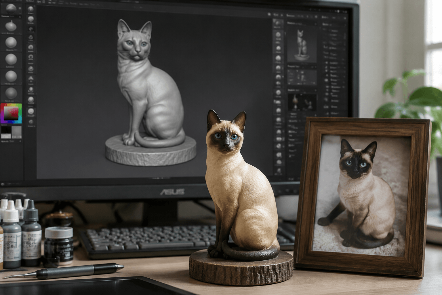 Siamese resin figurine in front of a monitor showing its digital sculpt next to a photo of the real cat