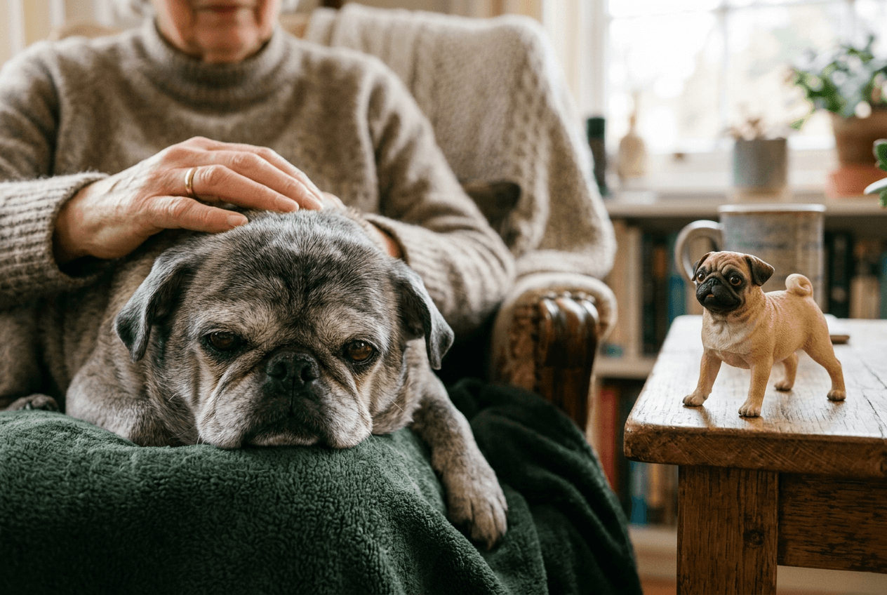 Senior Pug with gray face resting on a lap beside a full-color 3D printed resin figurine of a younger Pug