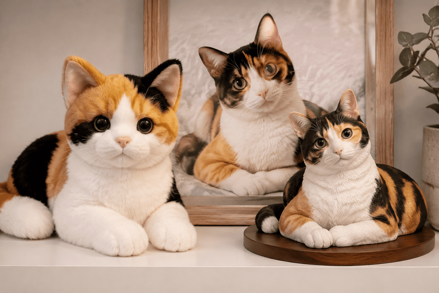 A stuffed cat replica beside a detailed resin Calico figurine on a shelf with the real cat's photo behind
