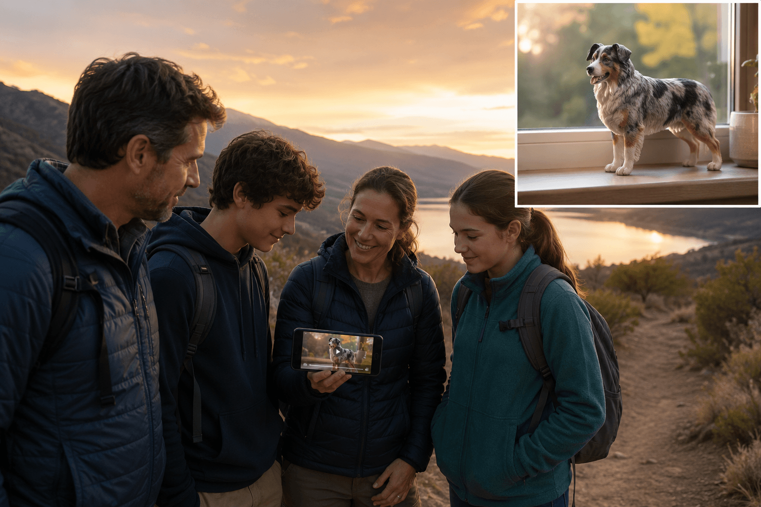 A family with teens walking at dusk viewing a video, with an Australian Shepherd's resin figurine at home