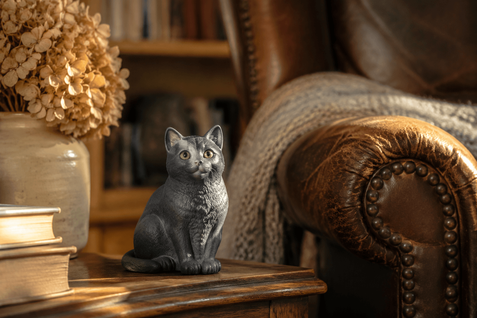 Russian Blue cat figurine sitting composed with green eyes