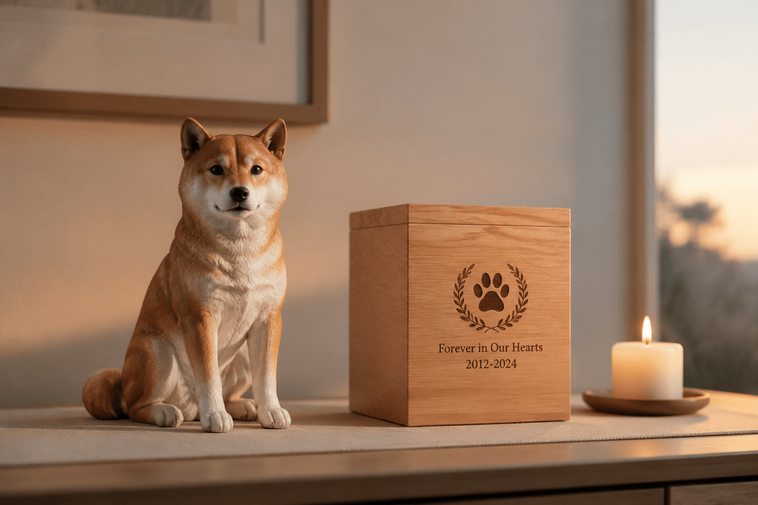 Full-color resin figurine of a Shiba Inu beside a wooden ashes box and a candle on a minimalist table