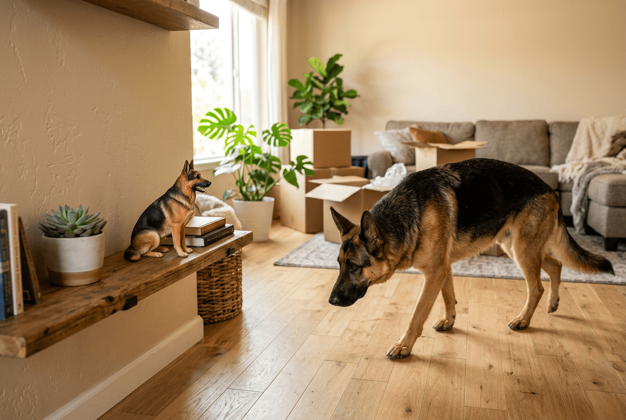 Rescue German Shepherd exploring a new home with a full-color 3D printed resin figurine on a welcome shelf