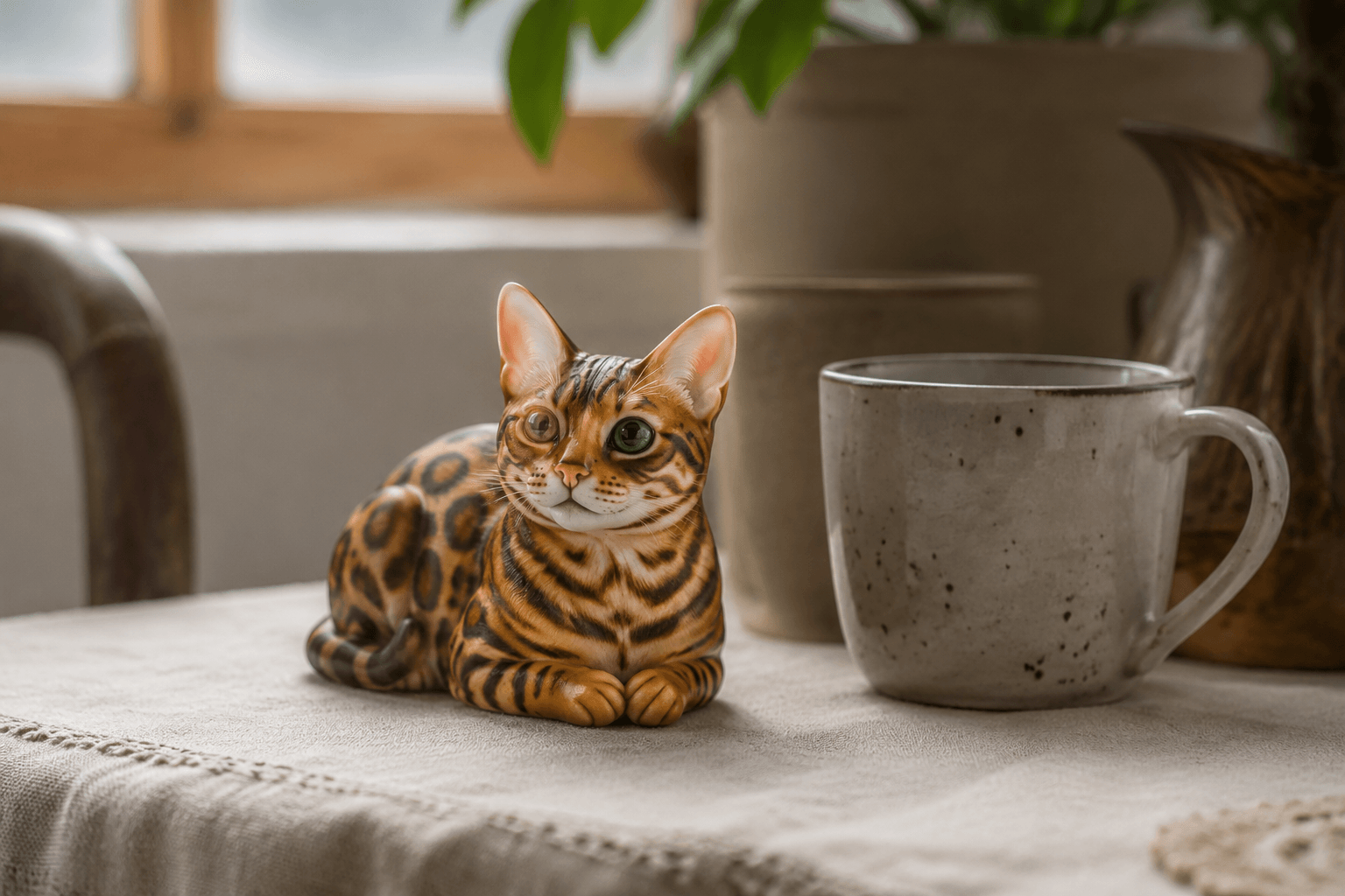 Bengal cat figurine lying with paws tucked, showing spotted coat