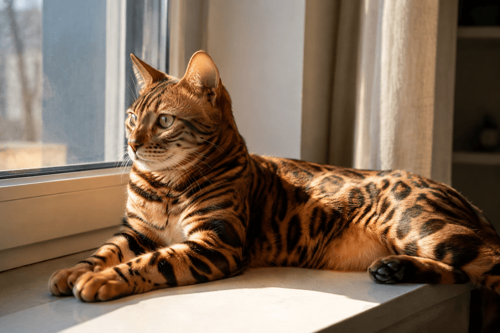 A Bengal cat with a rosetted coat lounging calmly on a sunlit windowsill — another moment