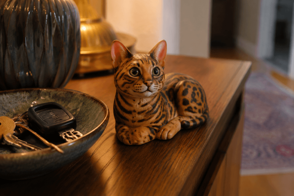 Bengal cat figurine lying with paws tucked, showing spotted coat — in-article view