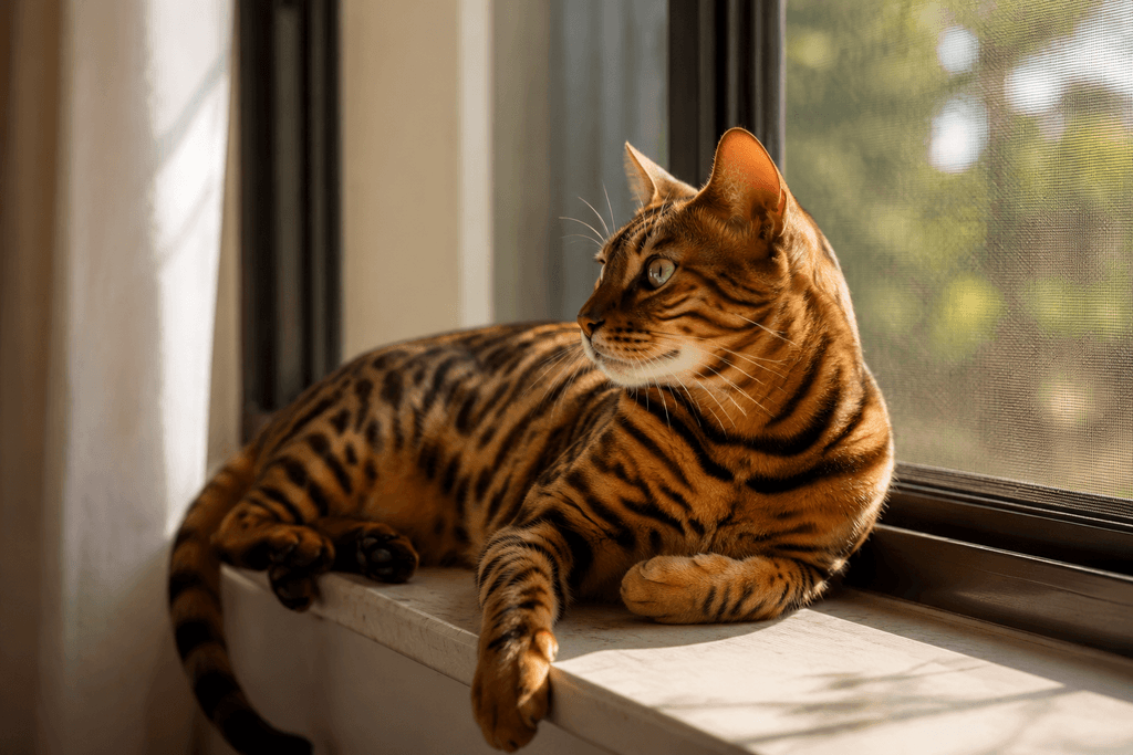A Bengal cat with a rosetted coat lounging calmly on a sunlit windowsill