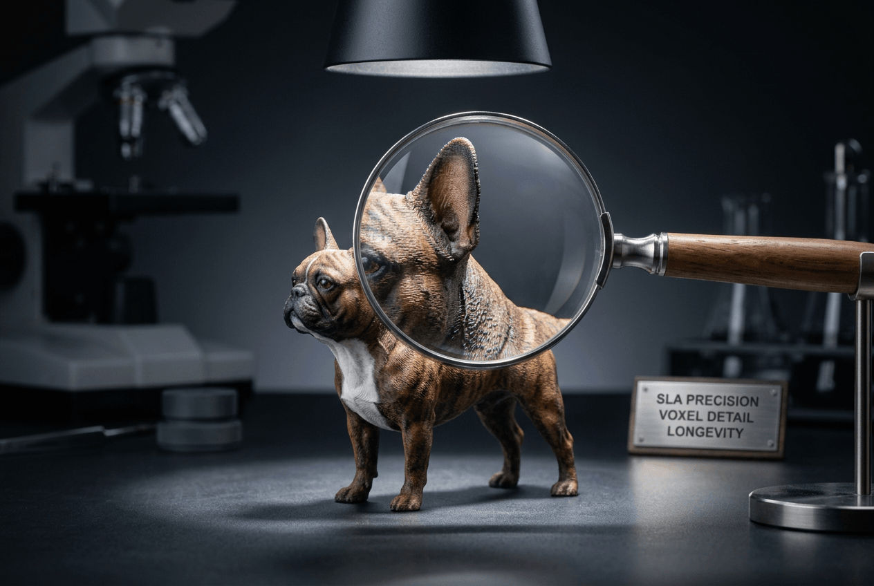 Magnified view of a French Bulldog figurine showing 3D print texture and durability.