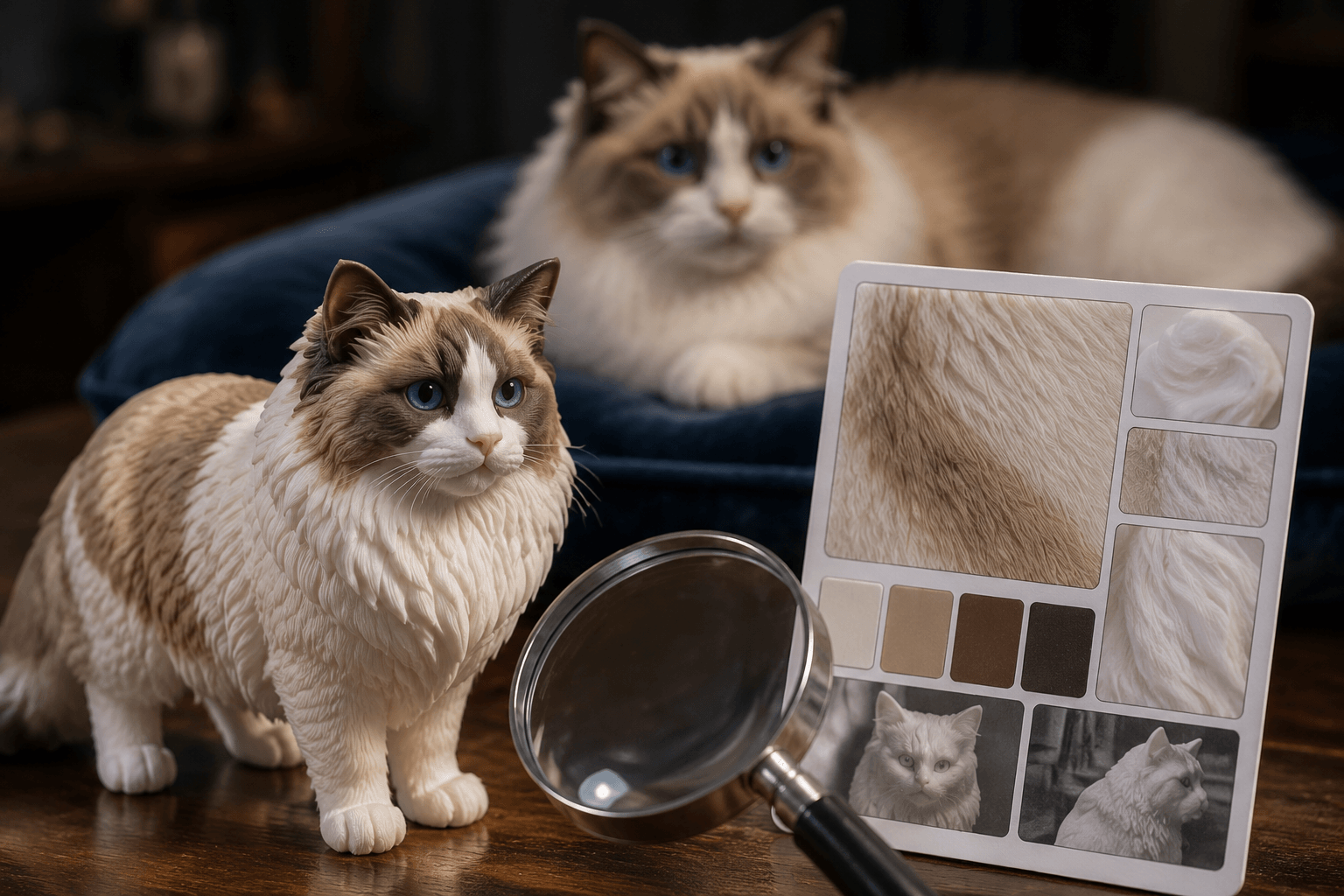 Macro close-up of a full-color 3D printed resin Ragdoll cat figurine showing smooth finish detail with real Ragdoll cat in background