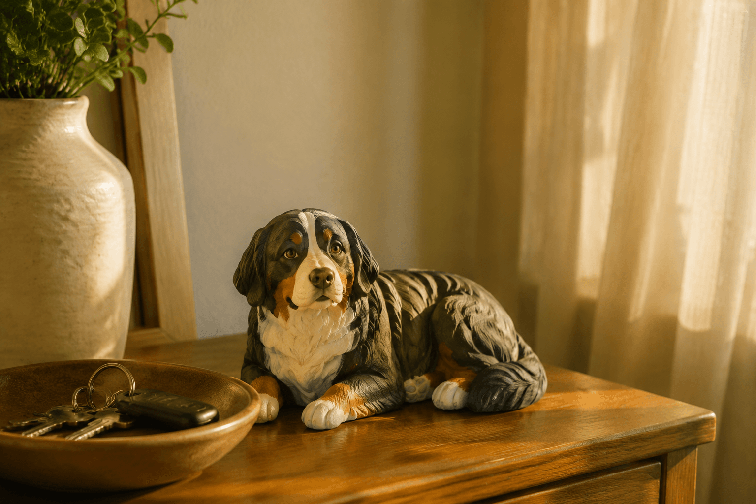 Full-color resin figurine of an aging Bernese Mountain Dog lying calmly