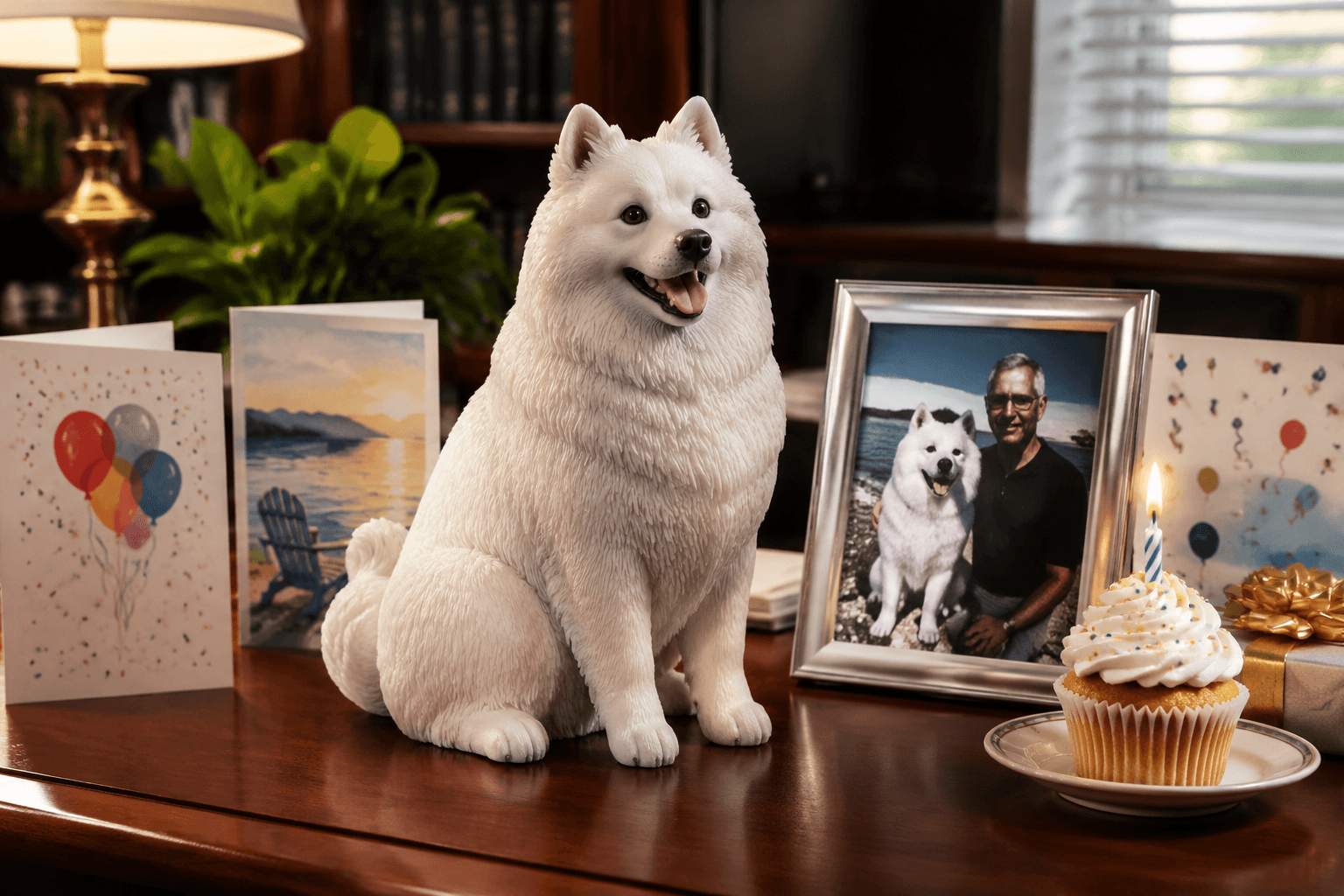 Full-color 3D printed resin Samoyed figurine on a desk surrounded by retirement cards with a framed photo of the real Samoyed