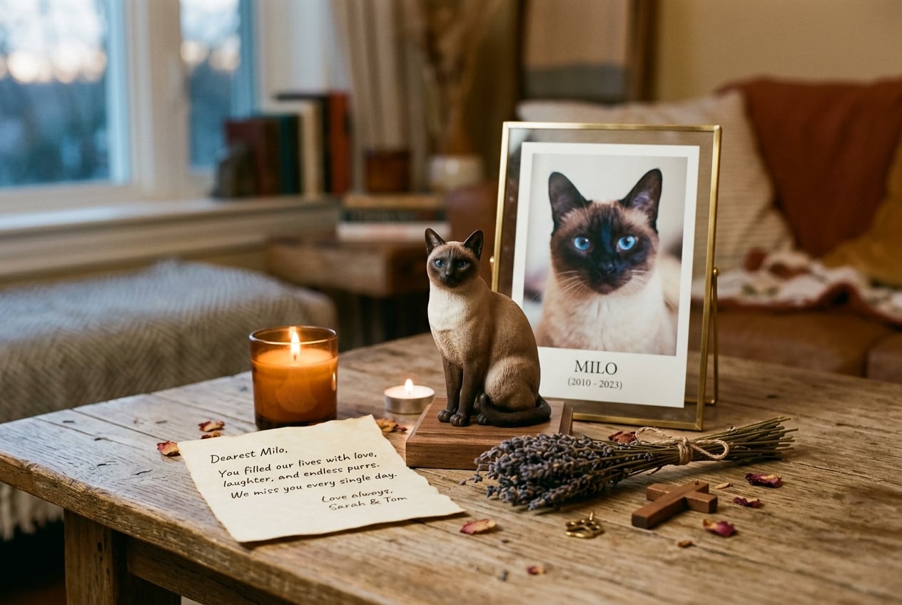 Full-color 3D printed resin figurine of a Siamese Cat on a memorial table with candle, letter, and framed photo
