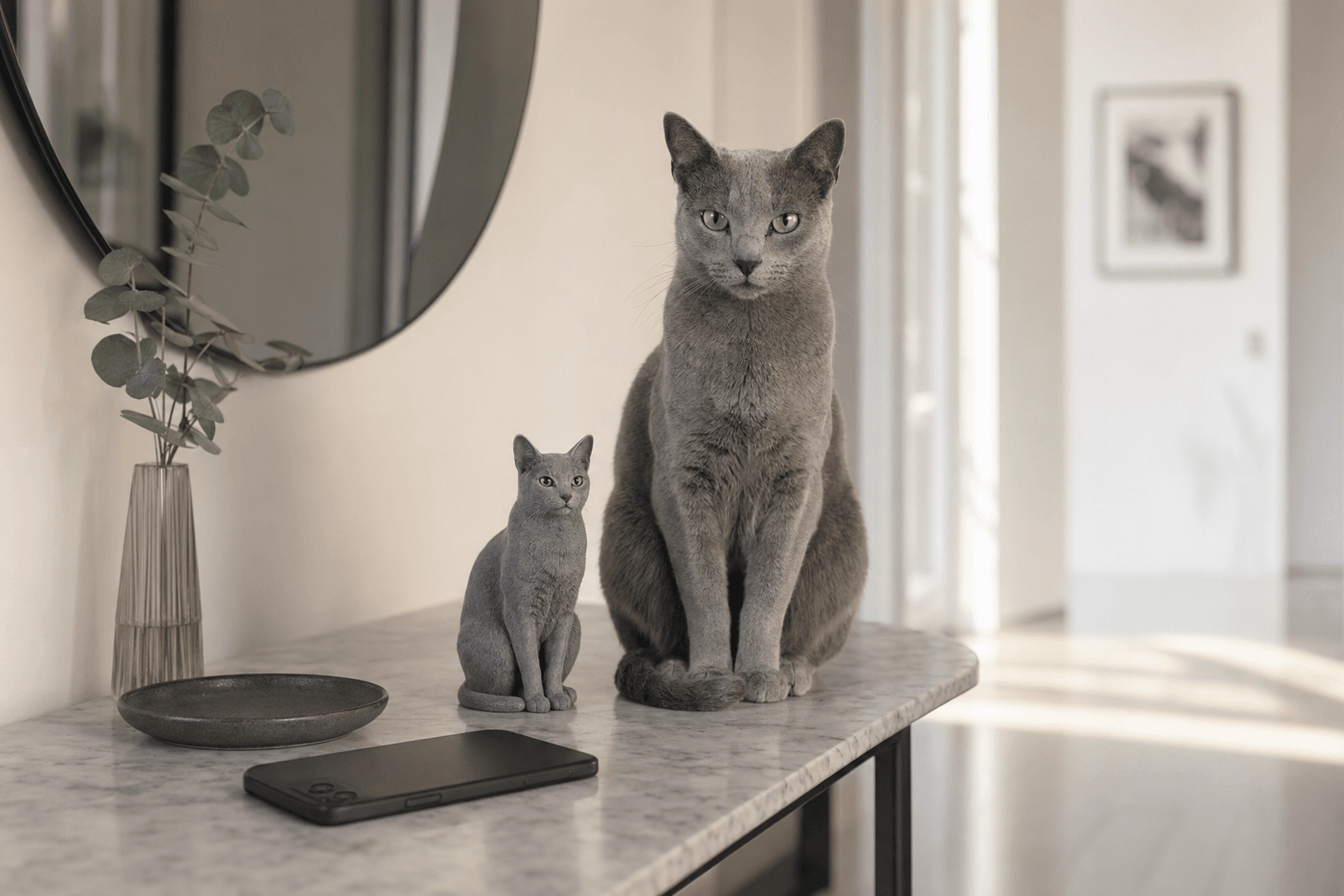 Russian Blue memorial figurine on a hallway console with a phone and quiet ritual styling