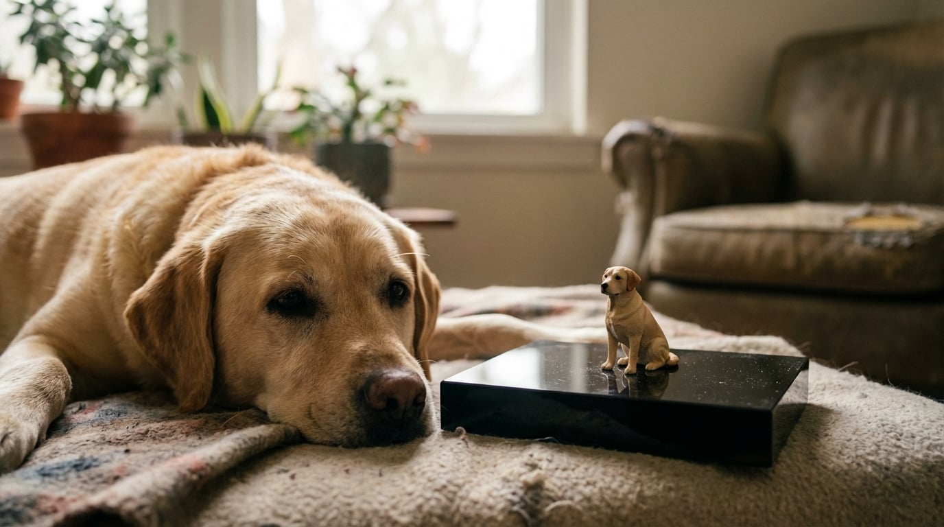 A Labrador Retriever sitting in an RV doorway next to a small figurine, symbolizing travel after loss.