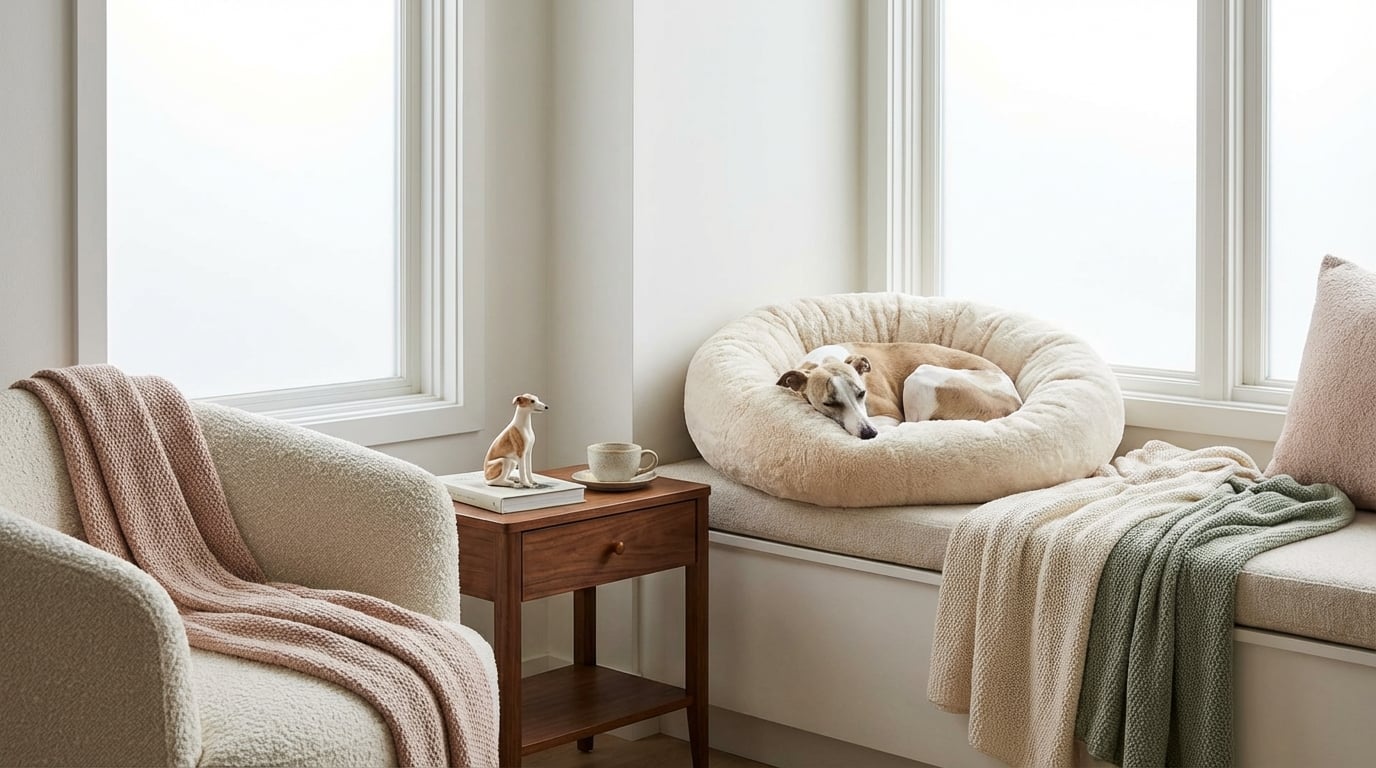 A sleeping Whippet in a cozy nook with a matching figurine on the side table.